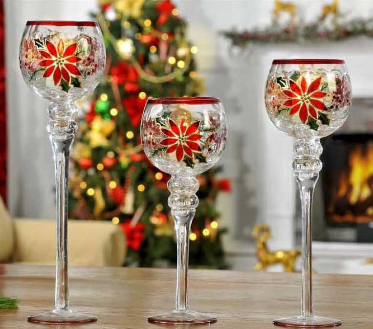 Product ID: 20394 Description: Poinsettia Glass Hurricane Candle Holders 